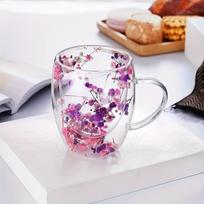 Nuostabus dvigubas stiklinis puodelis su gėlių dekoru., Pink Plus Violetinė