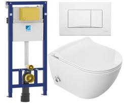 5in1 komplektas SUADAK: klozetas su bide Rimless 51x36x32,5 cm ir maišytuvu + SLIM duroplastslim minkštai uždaroma sėdynė, balta + rėmas + SCHWAB mygtukas baltas