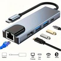 5-in-1 Į HDM RJ45 USB 3.0 PD Type-C HUB Adapteris Laikiklis Windows PC RA