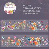 Dekoratyvinė PET juosta su gėlių ir drugelių raštu, 5x200cm, Violetinė rūko orchidėja