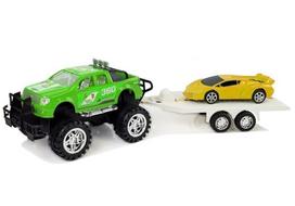 Žaislinis visureigis su sportiniu automobiliu, žalias/geltonas, Užsiaugink dinozaurą iš kiaušinio!