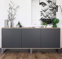 Komoda Meble Lindner Ąžuolas Wotan Juoda Matinė 168 cm su Trimis Metaliniais Rėmais, 168 x 72 x 35