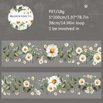 Dekoratyvinė PET juosta su ramunėlių raštu, 5x200 cm, Snieguolė Daisy