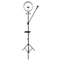 „iLike S12“ LED asmenukių žiedinė lempa, 31 cm, trikojis, 2,1 m, lentyna ir 3 telefono / mikrofono laikikliai, juodos sp