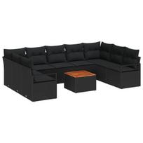 10 dalių sodo sofos rinkinys su pagalvėmis Juodas Poliratanas Akacija,2-vietė sodo sofa su pagalvėmis Juodas Poliratanas