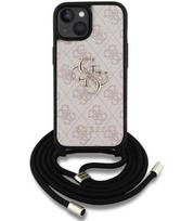 Rožinis dėklas Apple iPhone 15 telefonui "Guess PU 4G Metal Logo Crossbody Strap Case"