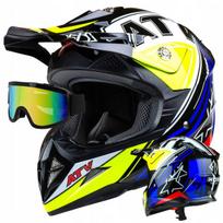 Motokroso šalmas HORN H915 ATV RACING, juoda/balta/mėlyna/geltona, ECE 22.05 sertifikatas, dydis M + akiniai