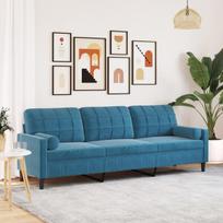 vidaXL Trivietė sofa su pagalvėlėmis, mėlynos spalvos, 210cm, aksomas