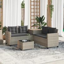Sodo sofa su stalu/pagalvėlėmis, pilka, poliratanas, l formos
