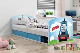 Vaikiška lova su čiužiniu ir stalčiais LuxCasa Tommy Train, 160x80 cm, mėlyna