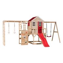 Vaikų medinė žaidimų aikštelė su čiuožykla, sūpynės, mankštos sienelė, Wendi Toys M24R-G, raudona, 342 x 508 x 242 cm