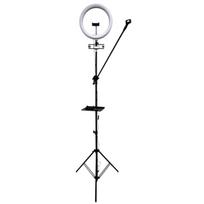 „iLike S14“ LED asmenukių žiedinė lempa, 36 cm, trikojis, 2,1 m, lentyna ir 3 telefono / mikrofono laikikliai, juodos sp