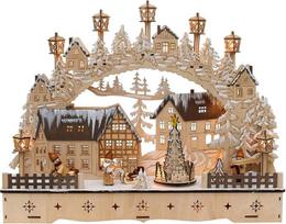 "Dekohelden24" medinė LED žvakių arka su judančios eglutės motyvu: Kalėdų Senelis ir sniego vaikai, ilgis x plotis x aukštis apie 45 x 12 x 35 cm, skirta naudoti su baterija arba adapteriu 35 cm