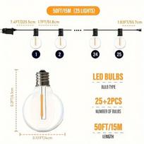 Lauko LED G40 girlianda 15 lempučių sodo terasai. , 50FT(15M)-25 žibintai