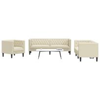 vidaXL Chesterfield sofų komplektas, 3 dalių, kreminė, dirbtinė oda