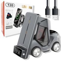 LIVMAN T20 - daugiafunkcinė stalinė įkrovimo stotelė su vienu metu įkraunamais 3 skirtingais įrenginiais, įmontuotu LED žadintuvu ir reguliuojamu RGB naktiniu apšvietimu