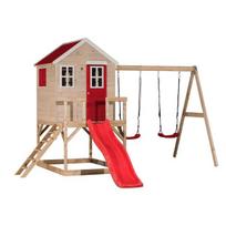 Vaikų medinė žaidimų aikštelė, žaidimų namelis su sūpynėmis, Wendi Toys M28R, raudona, 330 x 405 x 242 cm