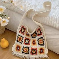Stylish Women Tote Bag Large Capacity Space-Saving Women Handbag Cut-out Knitted Handbag Casual Crochet Shopping Bag CLE 28x6x27cm smėlis