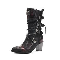 JAV dydis Retro liepsnos vidurio blauzdos vakarietiški batai, šoninis užtrauktukas, stambus kulnas Size 39 juoda raudona spalva