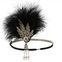 Moteriškos apyrankės, senovinis XX a. XX a. povo plunksnų galvos apdangalas – 20-ųjų metų riaumojantys „Gatsby Flapper“ priedai, auksiniai