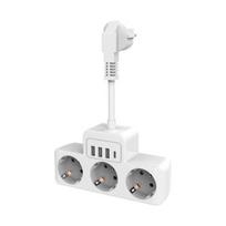 Elektros jungikliai, kištukiniai lizdai, maitinimo juosta su 4 lizdais ir 3 USB, atskiri jungikliai, euro kištukas, 0,1 m laidas, baltas
