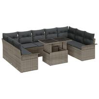 10 dalių sodo sofa rinkinys su pagalvėmis Pilkas Poli Ratano,2 vietų sodo sofa su saugykla ir pagalvėmis Pilkas Poli Ratano