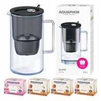 Aquaphor Glass 2,5 l stiklinis filtravimo ąsotis + 4 Maxfor (1Mg+3 H) filtrai, juodos spalvos