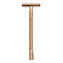 Merkur Safety Razor 24G Rožinė aukso spalvos skutimosi mašinėlė su žilėmis, uždaryta dantytė, ilgas rankena