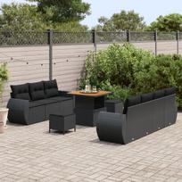 10 dalių sodo sofa rinkinys su pagalvėmis Juodas poli ratanas akacija,3 dalių sodo valgomojo rinkinys su pagalvėmis Juodas poli ratanas akacija