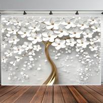 Gyvybės medžio gobelenas su 3D gėlėmis, baltas/auksinis, 279,4 cm * 219,96 cm