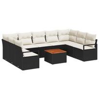 10 dalių sodo sofos komplektas su pagalvėmis Juodas poli ratanas akacija,2-vietė sodo sofa su pagalvėmis Juodas poli ratanas