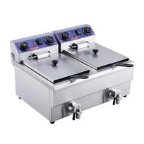 Komercinė elektrinė gruzdintuvė su dviem bakais 12L, 3000W. Stalinė gruzdintuvė pagaminta iš nerūdijančio plieno.
