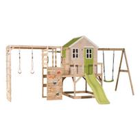 Vaikų medinė žaidimų aikštelė su čiuožykla, sūpynės, mankštos sienelė, Wendi Toys M24L-G, žalias, 342 x 508 x 242 cm