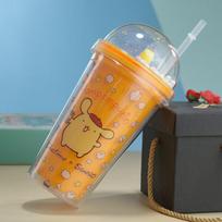 Sanrio 450ml dvigubų sienelių izoliuotas vandens butelis su šiaudeliu ,  Pudingo šuo