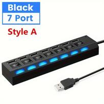 1 vnt. 7 arba 4 USB jungčių adapteris su įjungimo/išjungimo jungikliu ir LED apšvietimu. , 7-prievadai