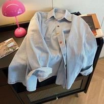 Retro Simple Contrasting Color Dopamine Loose Versatile POLO Collar Shirt Women's Long-sleeved Top M mėlyna