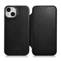 iCarer CE Aliejus Vaškas Premium Oda Folio Dėklas Oda Dėklas iPhone 14 Plus Magnetinis Apversti MagSafe Juodas (AKI14220707-BK)