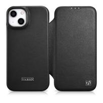 iCarer CE Premium odinė folijos dėklas iPhone 14 Plus магнитinė flip folijos dėklas MagSafe juodas (WMI14220715-BK)