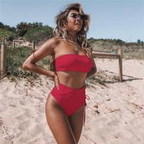 Aukšto juosmens bikini moterims Maudymosi kostiumas Moteriškas Seksualus Bandeau Maudymosi drabužiai Bikini rinkinys Maudymosi kostiumas Paplūdimio drabužiai EMA S raudona