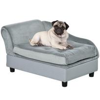 PawHut sofa šunims su kilimėliu ir laikymo vieta, natūrali mediena, šviesiai mėlyna, 76x45x41,5 cm