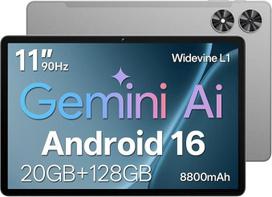 11 colių planšetinis kompiuteris su dėklu, "Android 16" sistema su "Gemini AI", 20GB RAM + 128GB ROM (galima išplėsti iki 1 TB), 90 Hz ekranas, "Unisoc T7250 Octa Core", 13 MP + 8 MP fotoaparatas, veido atpažinimo funkcija, "Widevine L1", 8800 mAh, GPS