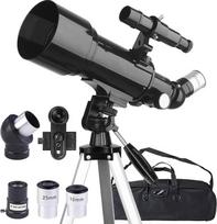 Teleskopas su objektyvais, mobiliojo telefono laikikliu ir krepšiu 70 mm diafragmos 400 mm refraktoriaus teleskopas pradedantiesiems ir vaikams, nešiojamas trikojis astronomijos teleskopas suaugusiesiems (juodas)