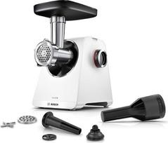 "Bosch MultiPower Series 6" mėsmalė MFWS607W, 2 perforuoti diskai (4,5 ir 8 mm), nerūdijantis plienas, galima plauti indaplovėje, priedas kebbe ir dešroms, variklio bloko galia 2100 W, balta
