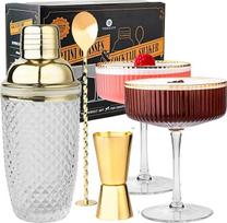 "Vemacity" kokteilių rinkinys - stiklinė kokteilių plaktuvė su sieteliu 450 ml | apima 2 espreso Martini stiklines su auksiniu apvadu, auksinį baro šaukštelį ir džiggerį | elegantiškas barmeno rinkinys | mišinių rinkinys | kokteilių taurės +