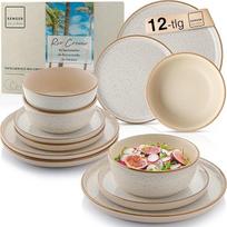 SÄNGER Rio Creme 12 dalių pietų servizas, akmens masės indų rinkinys 4 asmenims, 4 x vakarienės lėkštės, 4 x desertinės lėkštės, 4 x dubenėliai, indų rinkinys su dubenėliais, Creme, Value Collection