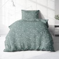 Träumschön Flannelette patalynės komplektas 4 dalių 135 x 200 cm žalias - gėlių gyslų dizainas - pūkuota žiemos patalynė - antklodės užvalkalas + pagalvės užvalkalas 80 x 80 cm - 100 % medvilnė