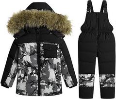 Vaikų pūkinė striukė Snowsuit su dirbtinio kailio gobtuvu Drabužių rinkinys Mergaitės Berniukai Sustiprinta žieminė striukė + slidinėjimo kelnės Pūkinės kelnės Vaikų slidinėjimo kostiumas Juoda su kamufliažu 4-5 metai