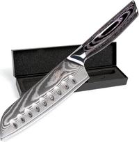 Wolfblood PRO Damasko peilis Damasko virtuvinis peilis XL (31 cm) Profesionalus "Santoku" peilis, pagamintas iš tikro 67 sluoksnių damasko plieno I Virtuvinis peilis "Santoku" peilis su medine rankena Dovanų dėžutė ir geležtės apsauga