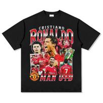 2025 Futbolo žvaigždės Cristiano Ronaldo raštu marginti marškinėliai tendencija Patogūs retro 100% medvilnės apvalaus kaklo trumpomis rankovėmis marškinėliai S juoda