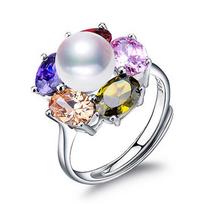 LSOOYH Pearl Jewelry Natūralūs gėlo vandens perlų žiedai moterims Madingi moteriški kubinio cirkonio CZ gėlių žiedai Adjustable Size balta